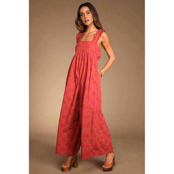 Free People Katya Wide Leg Jumpsuit Pink Orange Medium Boho Festival Feminine